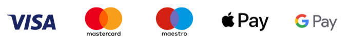 Visa, Mastercard, Maestro, Apple Pay, Google Pay